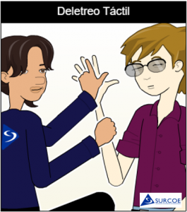 Imágen de dos personas una sordociega y otra su Guía-intérprete, haciendo el deletreo táctil