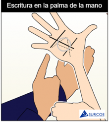 Imágen ampliada de solo las mano haciendo la escritura en la palma de la mano.