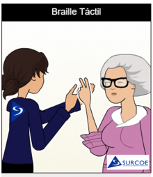 Imágen de dos personas, una sordociega y una guía-interprete haciendo Braille táctil