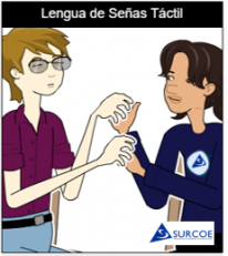 Imágen de dos personas, una sordociega y otra su Guía-Intérprete haciendo la Lengua de señas táctil con las dos manos
