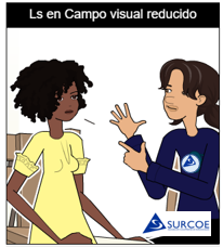 Imágen de dos personas una sordociega y otra su Guía-intérprete haciendo la Ls en campo visual reducido